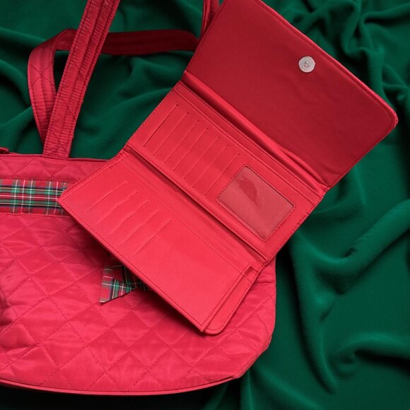 Red Quilted Christmas Tote & Wallet Set, Tartan Plaid Bow, Zip Top Shoulder Bag - Picture 6 of 8
